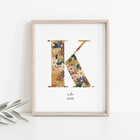 Personalised Floral Nursery Print, Newborn Print, Floral Initial Letter, Custom Alphabet Print, Nursery Letter Art, Christening, Botanical