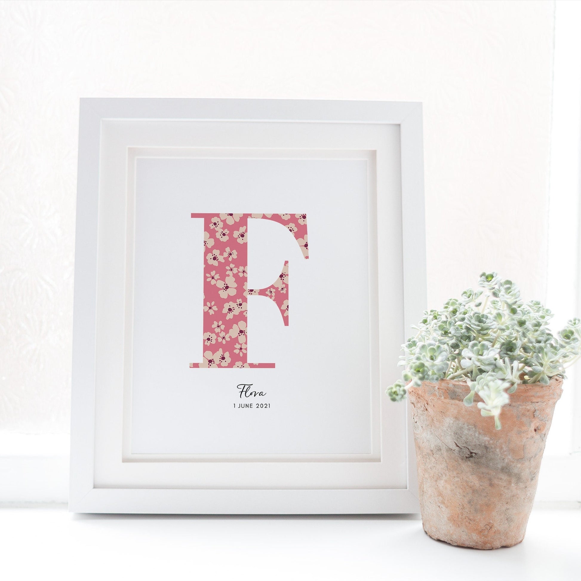 Personalised Name & Date Print, Floral Letter Print, Custom Newborn Gift, Nursery Letter Art, Christening Date Keepsake, Botanical Style