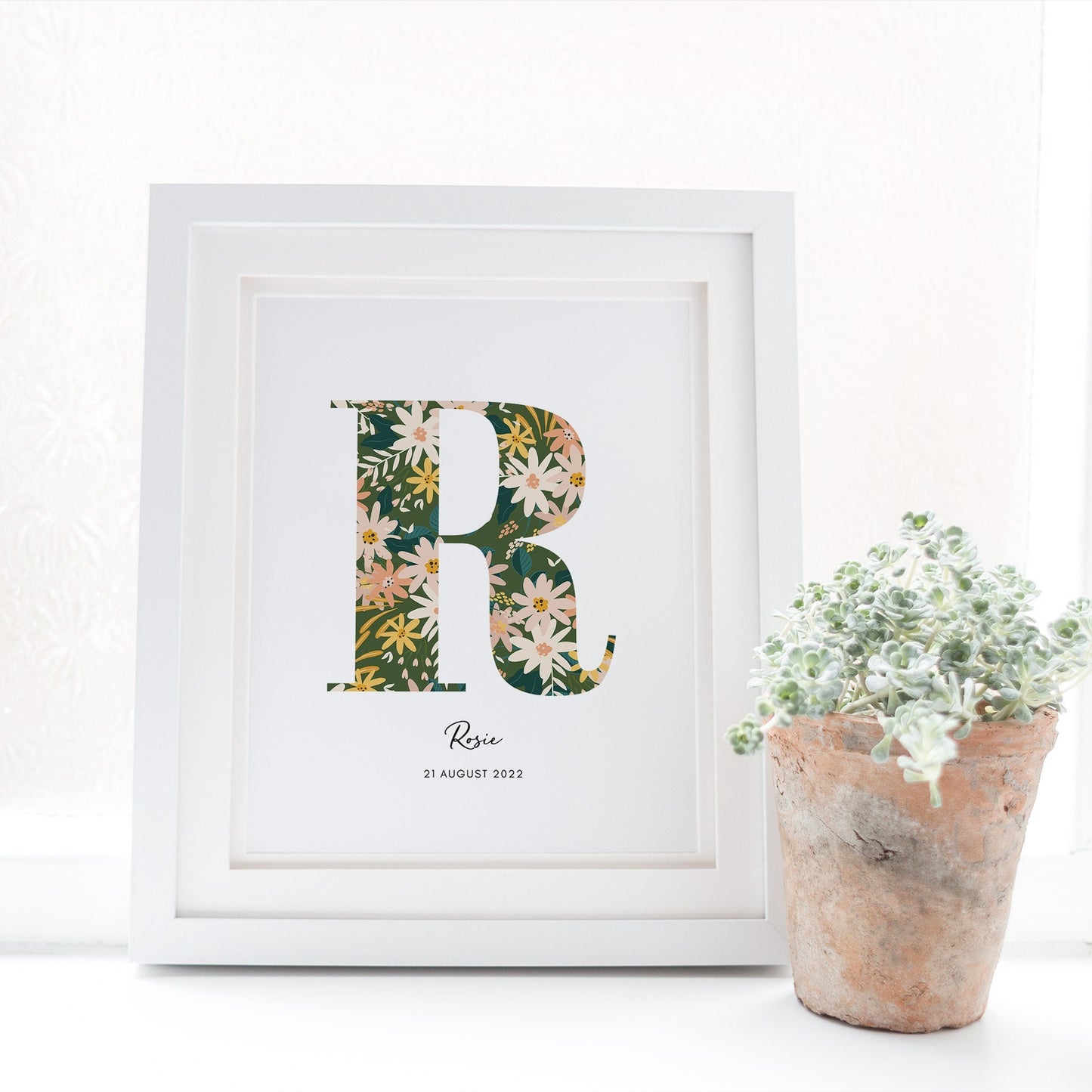 Personalised Name & Date Print, Floral Letter Print, Custom Newborn Gift, Nursery Letter Art, Christening Date Keepsake, Botanical Style