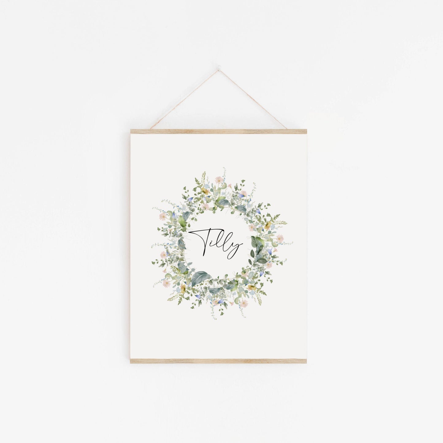 Personalised wildflower wreath name print, Custom meadow flowers nursery picture, Watercolour floral contemporary pastel wall art, Botanical