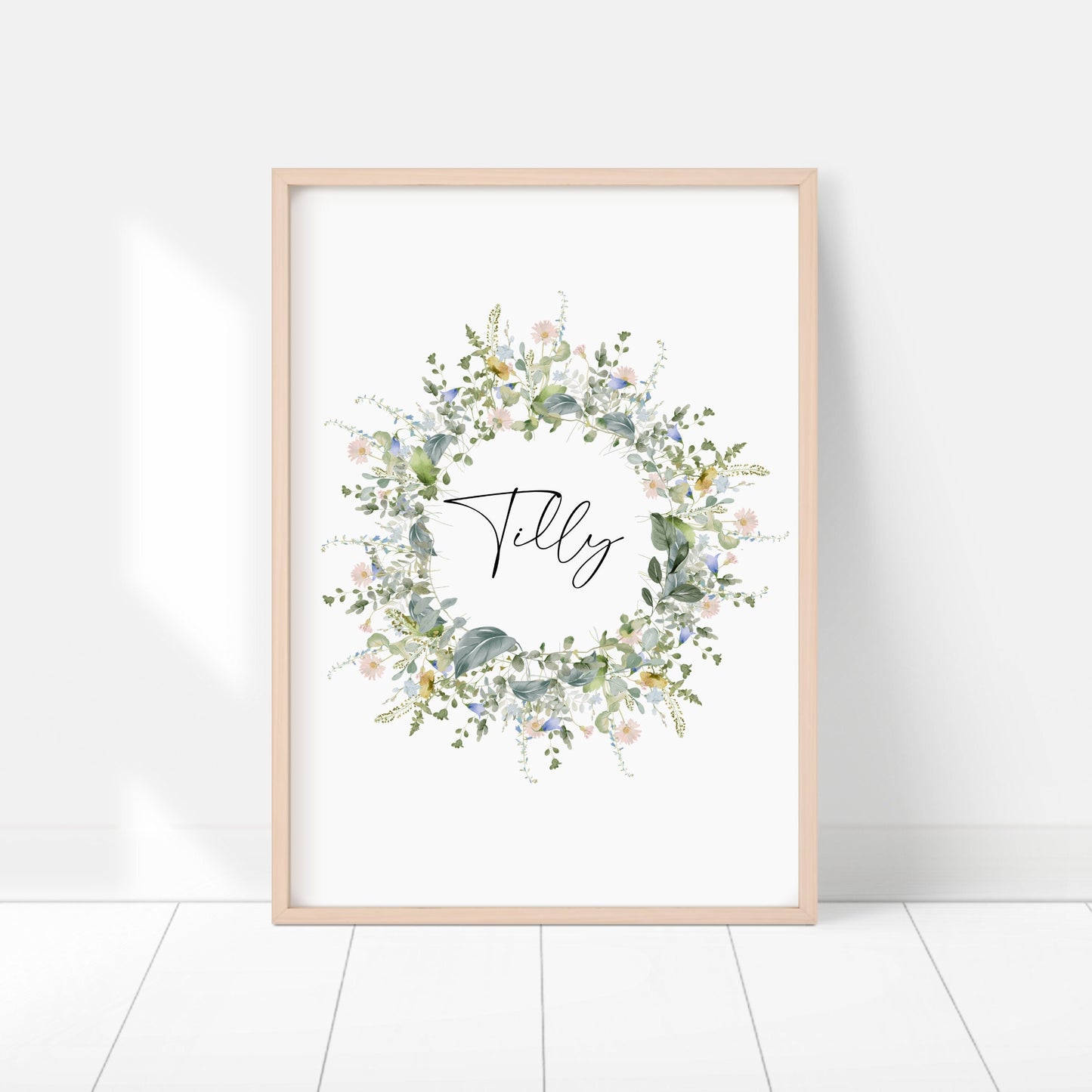 Personalised wildflower wreath name print, Custom meadow flowers nursery picture, Watercolour floral contemporary pastel wall art, Botanical