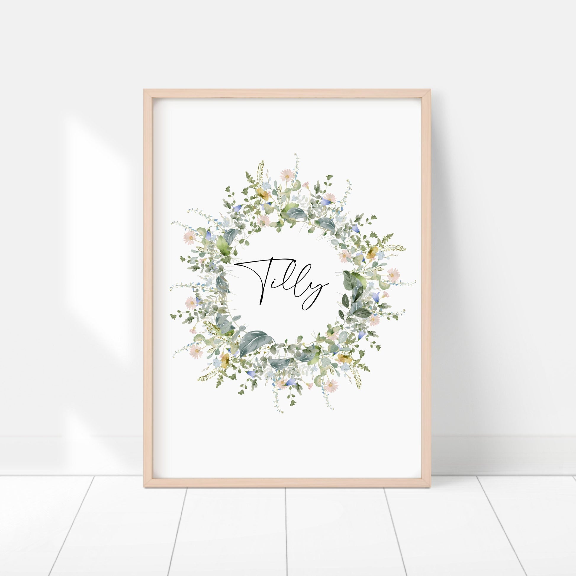 Personalised wildflower wreath name print, Custom meadow flowers nursery picture, Watercolour floral contemporary pastel wall art, Botanical