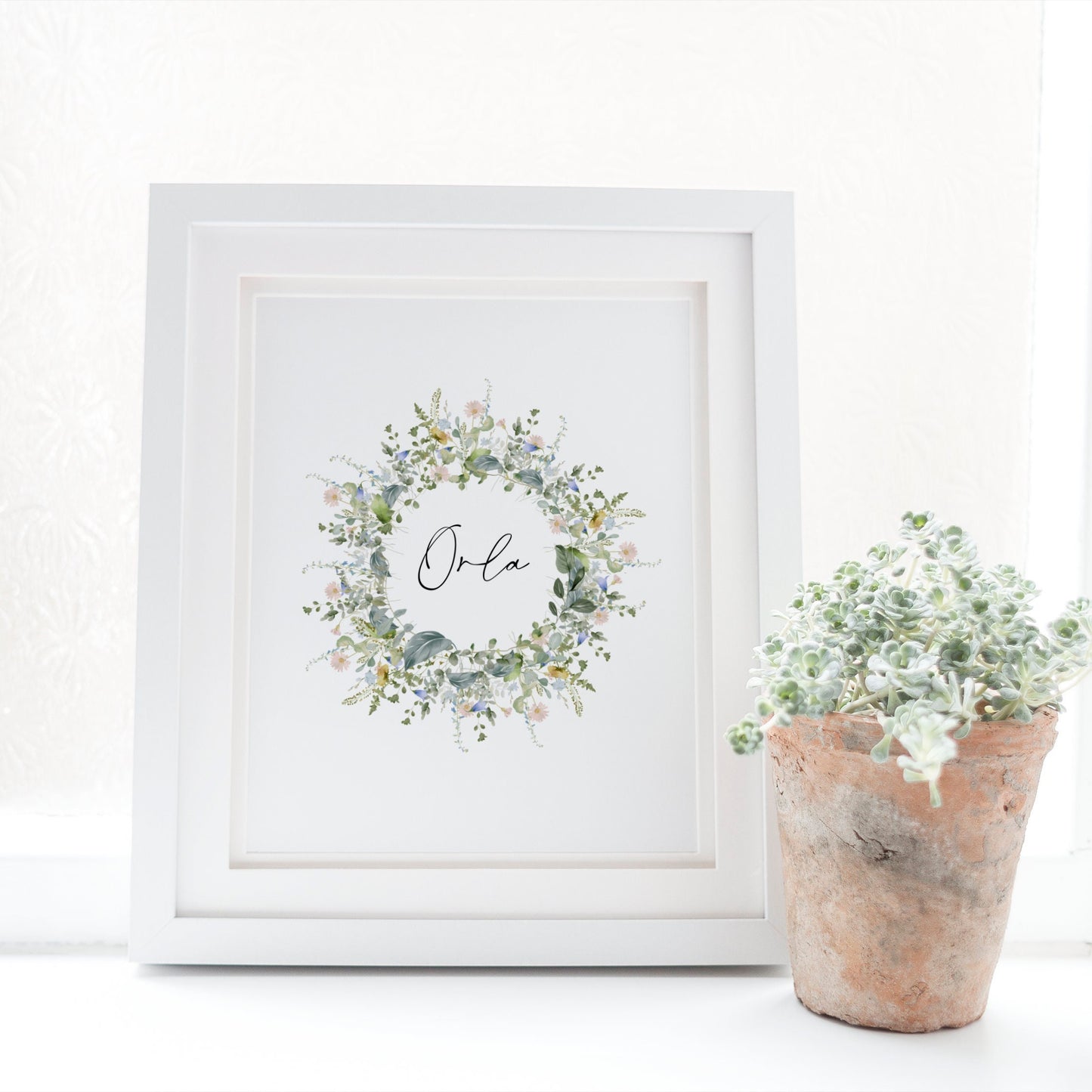 Personalised wildflower wreath name print, Custom meadow flowers nursery picture, Watercolour floral contemporary pastel wall art, Botanical
