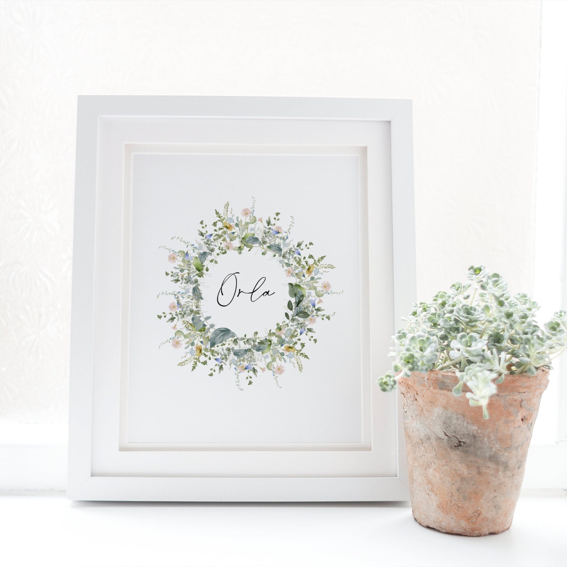 Personalised wildflower wreath name print, Custom meadow flowers nursery picture, Watercolour floral contemporary pastel wall art, Botanical