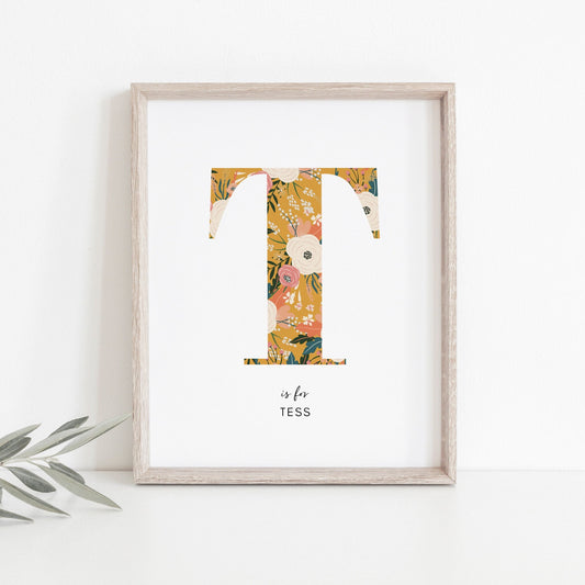 Personalised Floral Nursery Print, Newborn Print, Floral Initial Letter, Custom Alphabet Print, Nursery Letter Art, Christening, Botanical