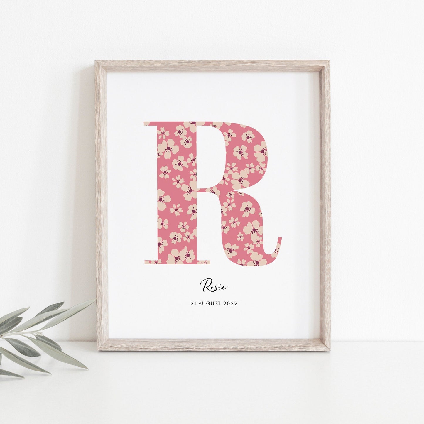 Personalised Name & Date Print, Floral Letter Print, Custom Newborn Gift, Nursery Letter Art, Christening Date Keepsake, Botanical Style