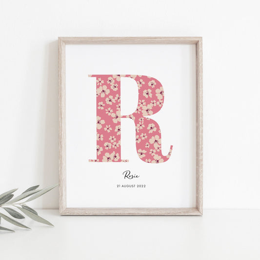 Personalised Name & Date Print, Floral Letter Print, Custom Newborn Gift, Nursery Letter Art, Christening Date Keepsake, Botanical Style