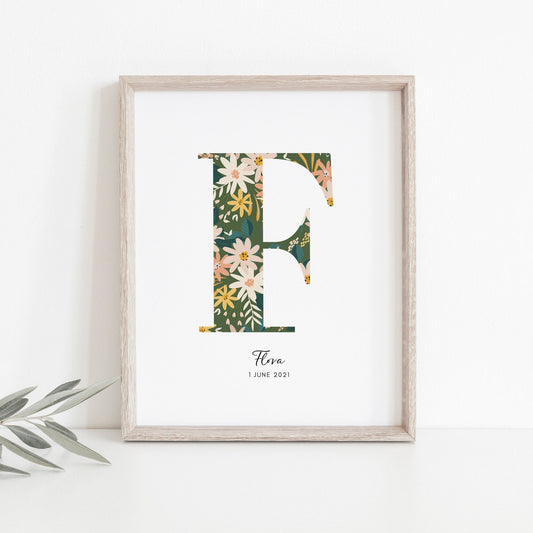 Personalised Name & Date Print, Floral Letter Print, Custom Newborn Gift, Nursery Letter Art, Christening Date Keepsake, Botanical Style