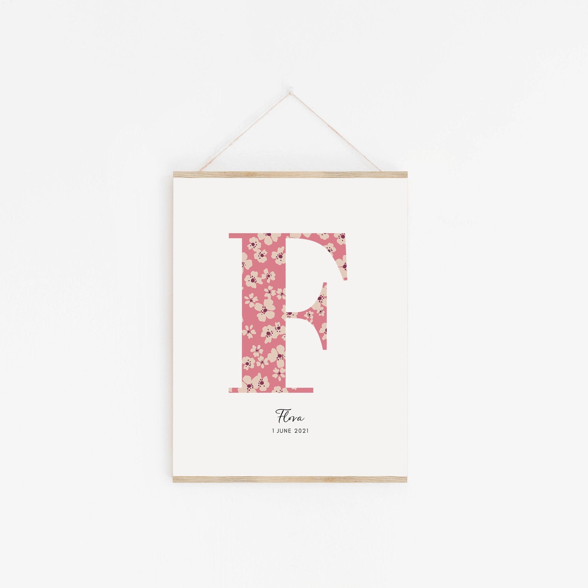 Personalised Name & Date Print, Floral Letter Print, Custom Newborn Gift, Nursery Letter Art, Christening Date Keepsake, Botanical Style