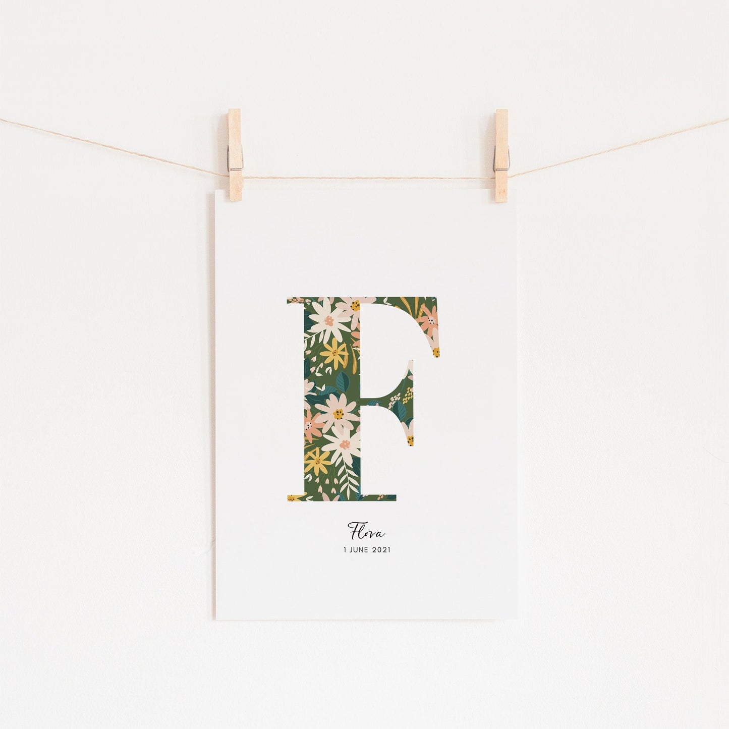 Personalised Name & Date Print, Floral Letter Print, Custom Newborn Gift, Nursery Letter Art, Christening Date Keepsake, Botanical Style