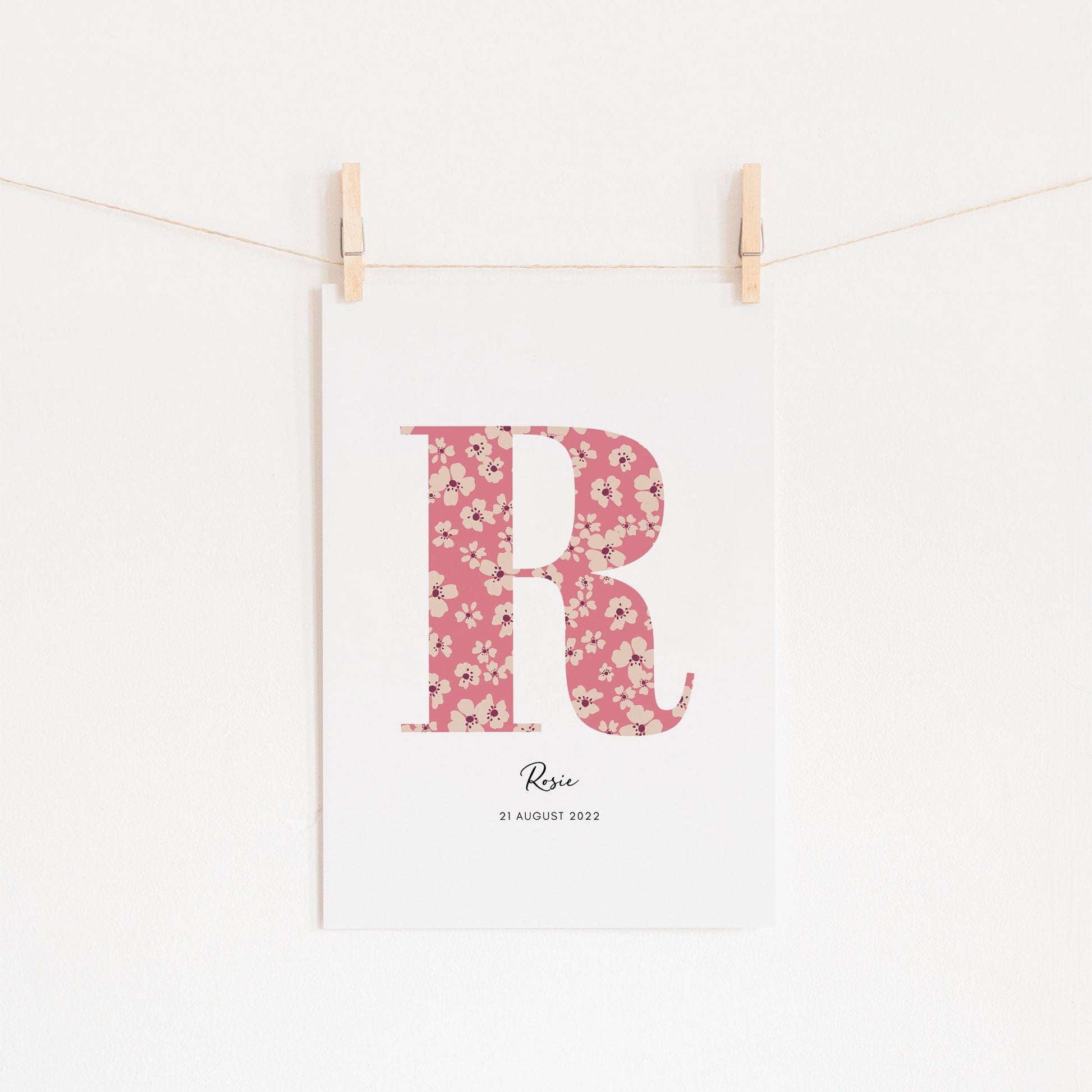 Personalised Name & Date Print, Floral Letter Print, Custom Newborn Gift, Nursery Letter Art, Christening Date Keepsake, Botanical Style