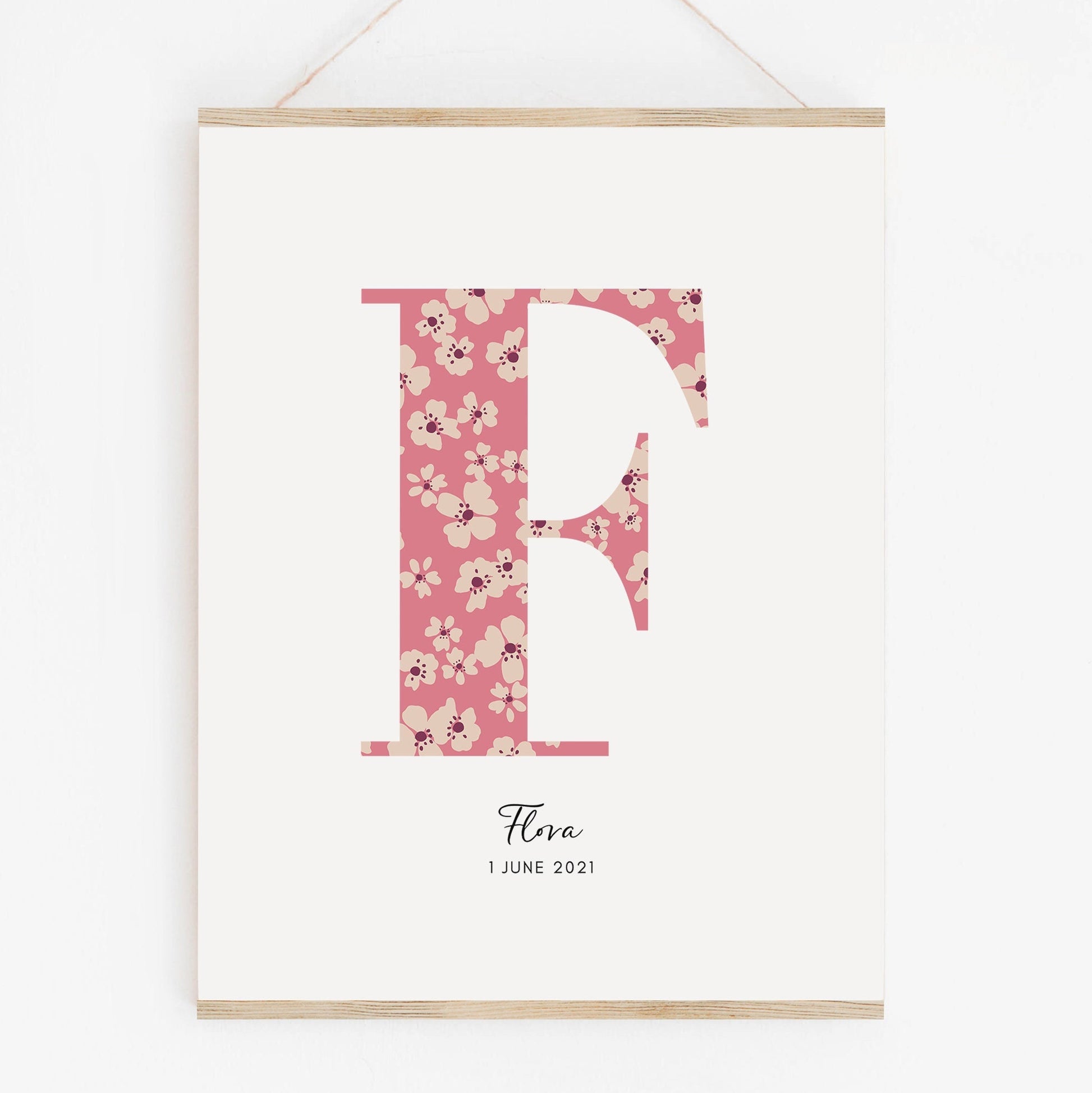 Personalised Name & Date Print, Floral Letter Print, Custom Newborn Gift, Nursery Letter Art, Christening Date Keepsake, Botanical Style