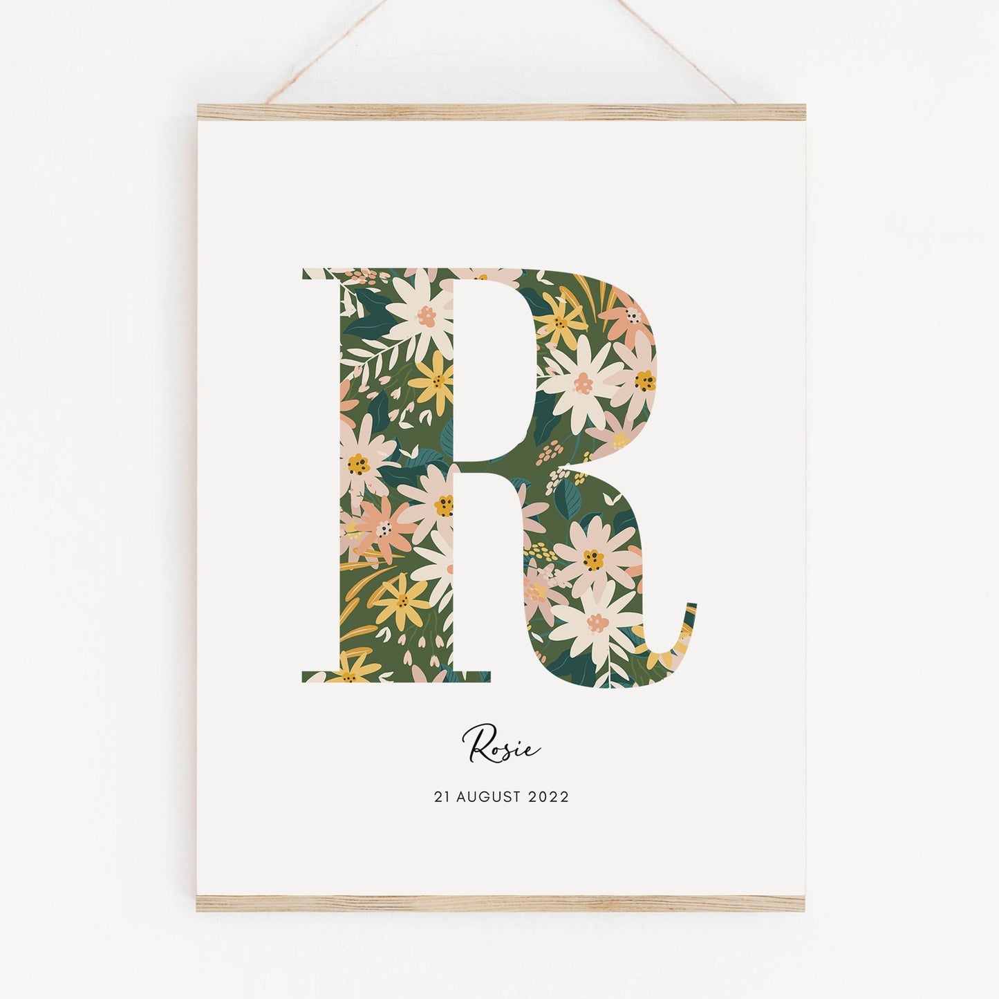 Personalised Name & Date Print, Floral Letter Print, Custom Newborn Gift, Nursery Letter Art, Christening Date Keepsake, Botanical Style