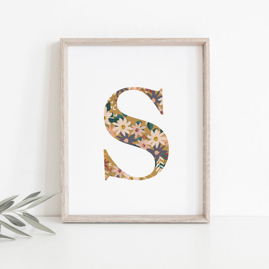 Personalised Letter Floral Print, Alphabet Nursery Art, Newborn Keepsake, Christening Gift, Custom Initial Picture, Kids Letter Art