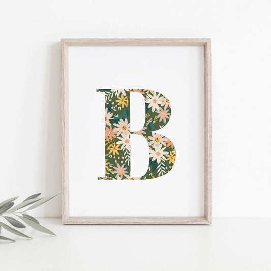 Personalised Letter Floral Print, Alphabet Nursery Art, Newborn Keepsake, Christening Gift, Custom Initial Picture, Kids Letter Art