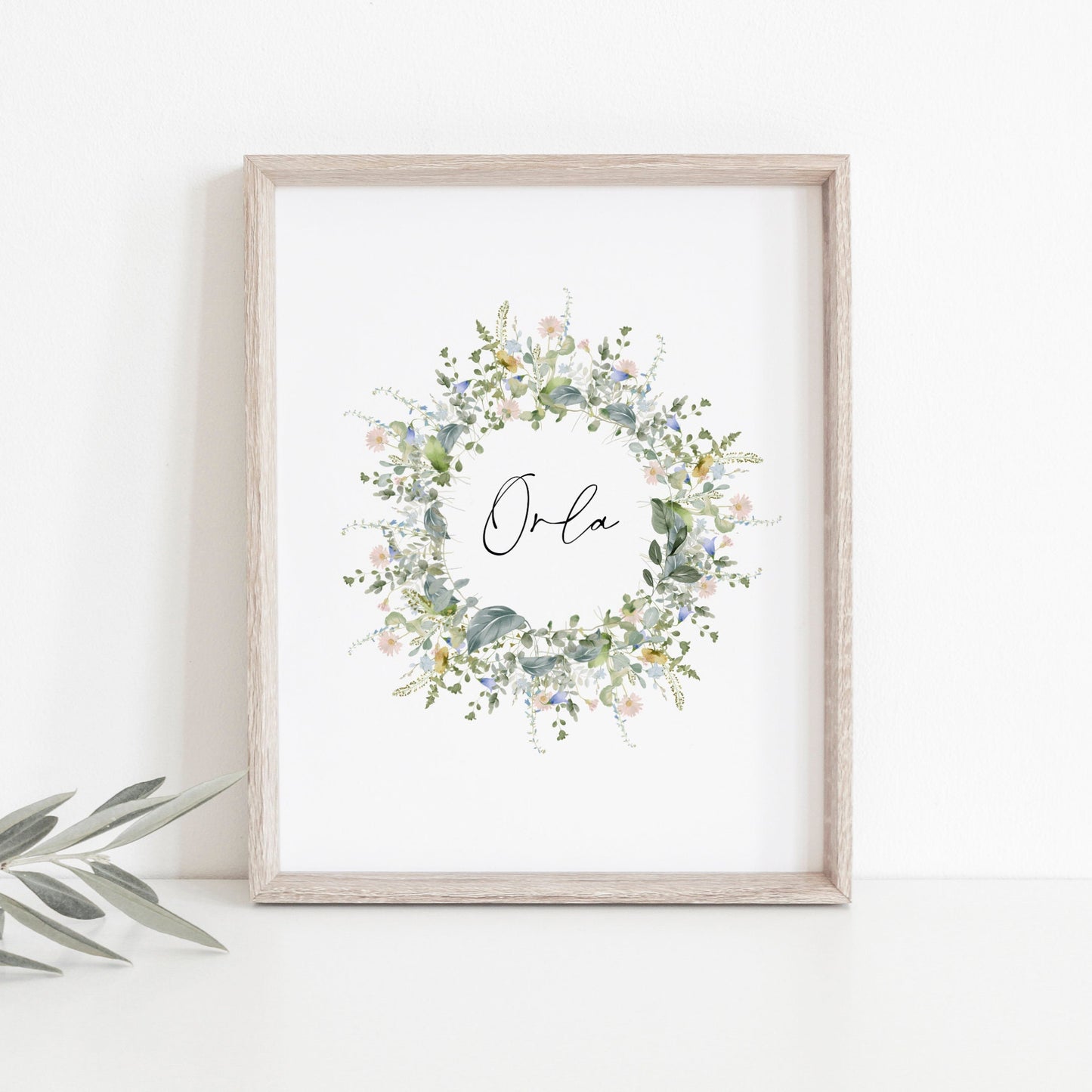 Personalised wildflower wreath name print, Custom meadow flowers nursery picture, Watercolour floral contemporary pastel wall art, Botanical
