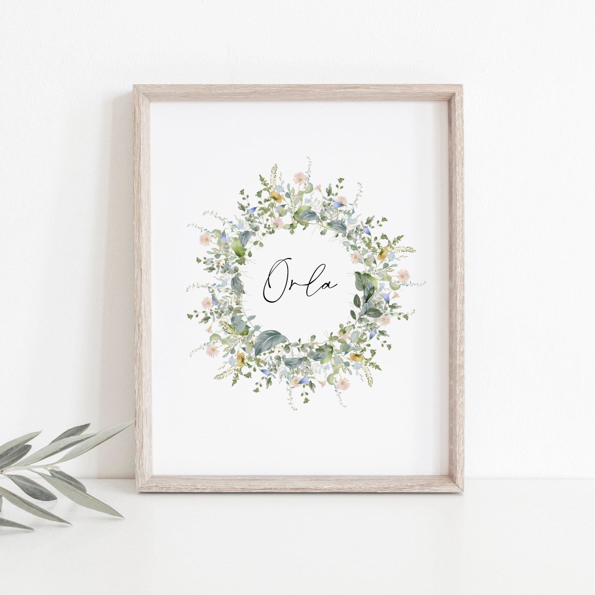 Personalised wildflower wreath name print, Custom meadow flowers nursery picture, Watercolour floral contemporary pastel wall art, Botanical