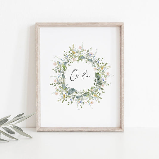 Personalised wildflower wreath name print, Custom meadow flowers nursery picture, Watercolour floral contemporary pastel wall art, Botanical