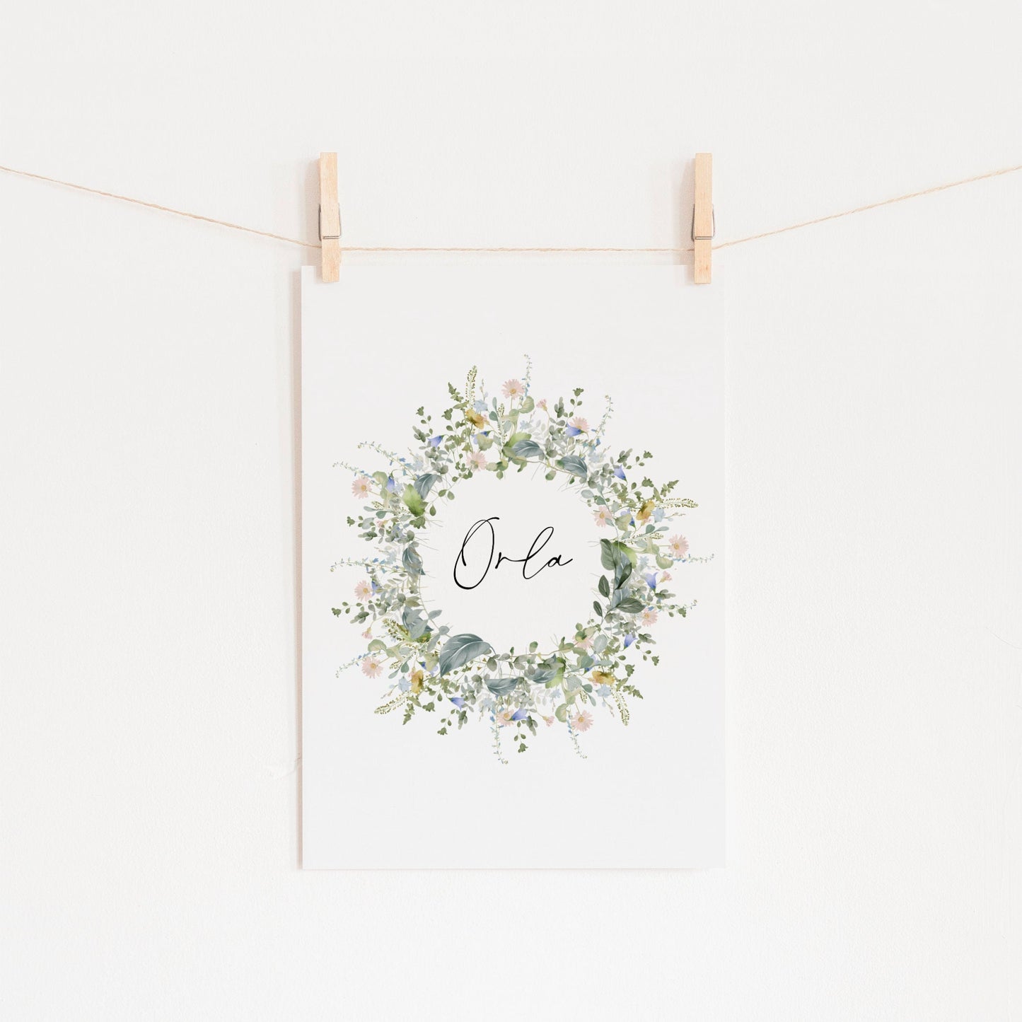 Personalised wildflower wreath name print, Custom meadow flowers nursery picture, Watercolour floral contemporary pastel wall art, Botanical