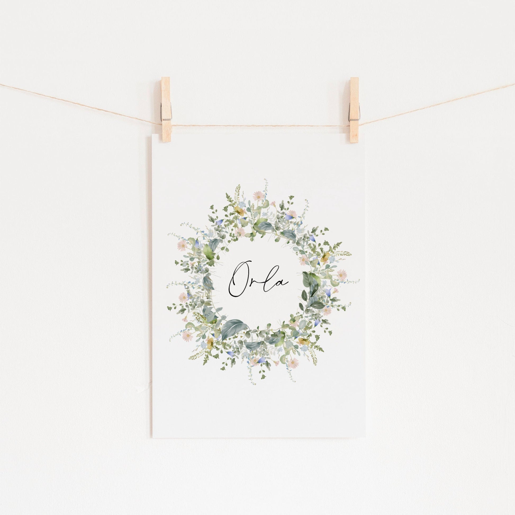 Personalised wildflower wreath name print, Custom meadow flowers nursery picture, Watercolour floral contemporary pastel wall art, Botanical