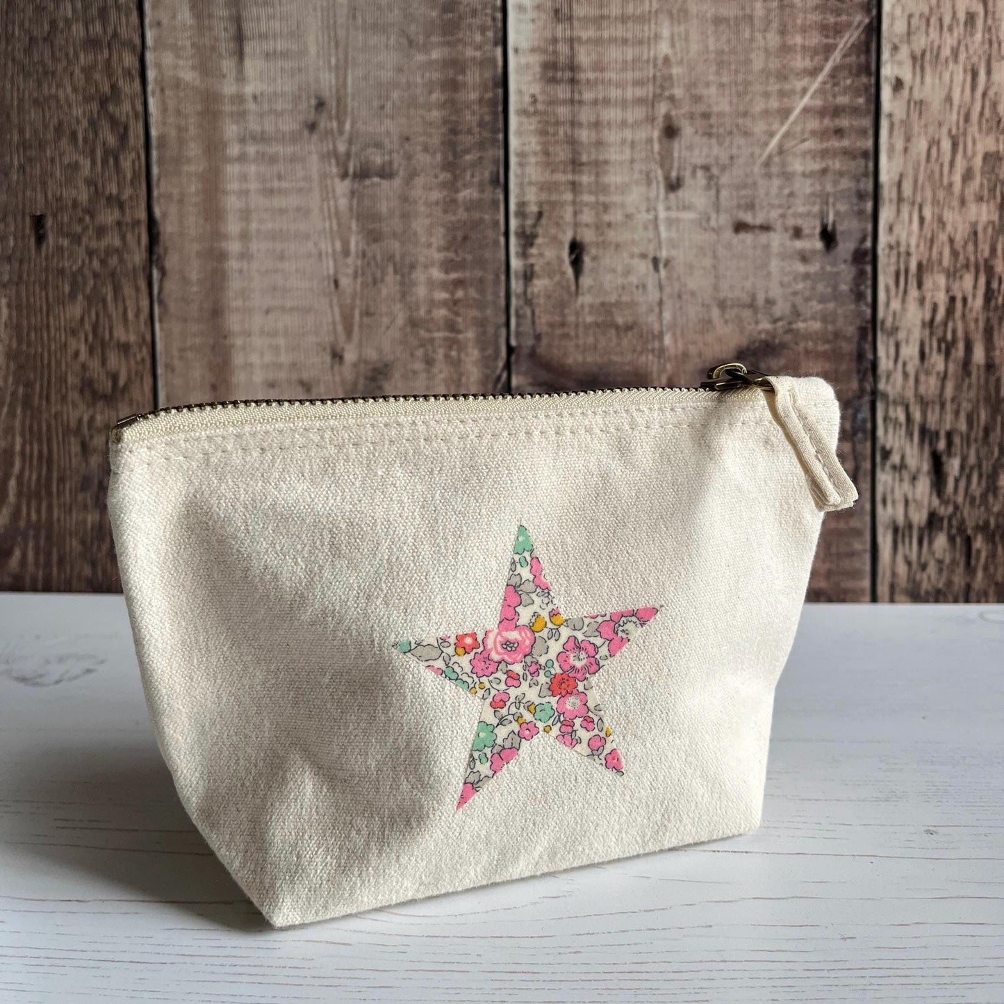 Liberty pink star make up bag, jewellery pouch, Betsy Ann fabric star cosmetics bag, appliqué accessories and pencil case