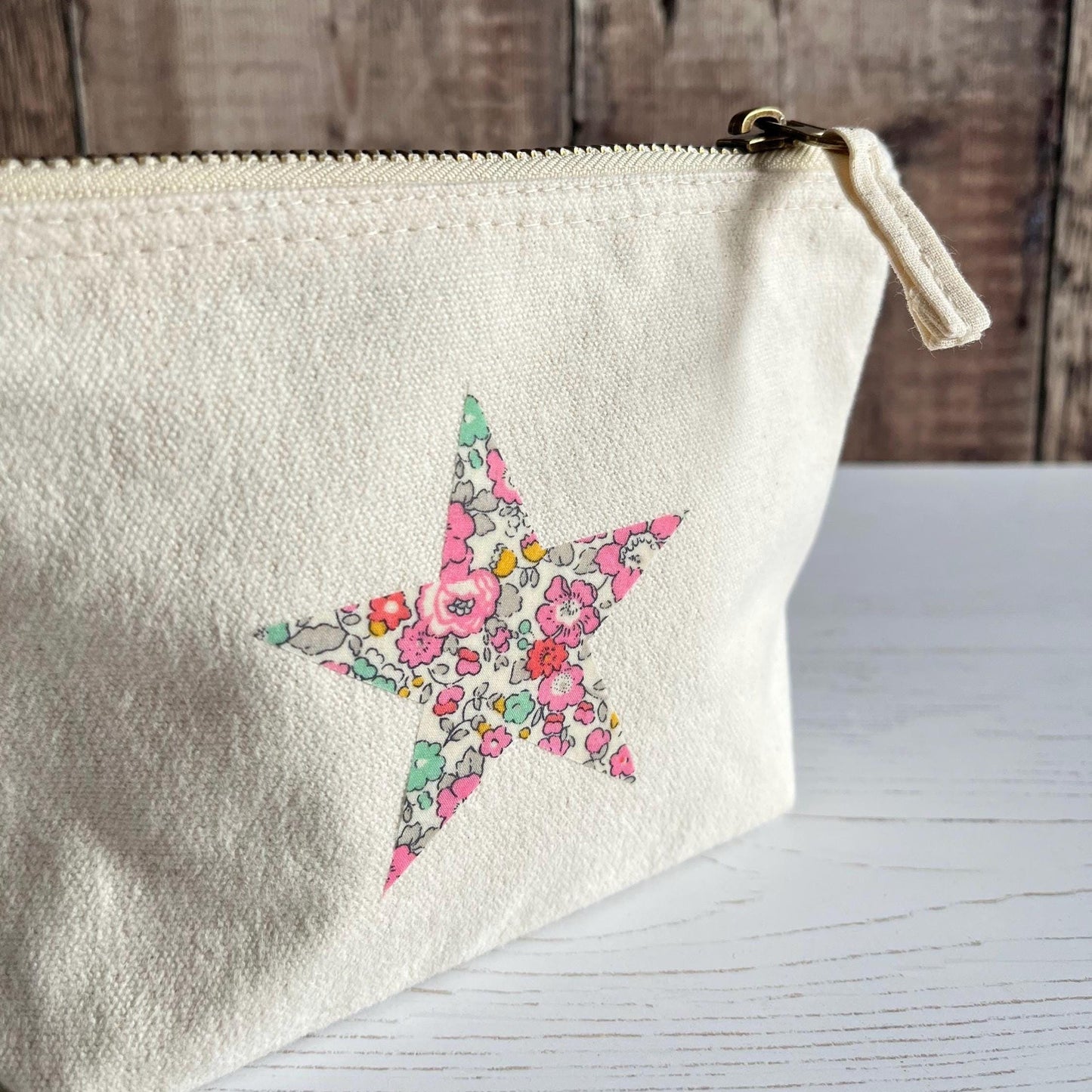 Liberty pink star make up bag, jewellery pouch, Betsy Ann fabric star cosmetics bag, appliqué accessories and pencil case