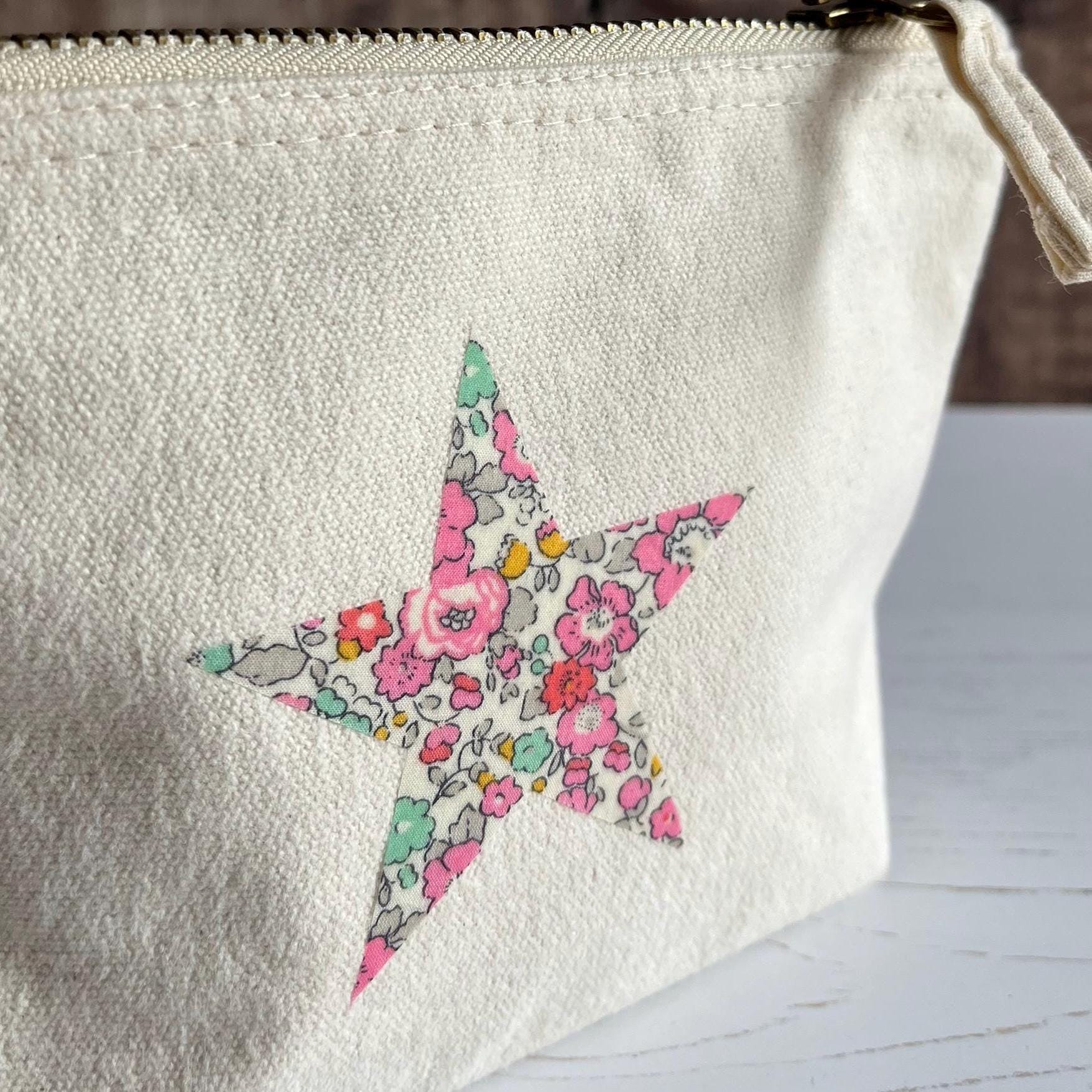 Liberty pink star make up bag, jewellery pouch, Betsy Ann fabric star cosmetics bag, appliqué accessories and pencil case