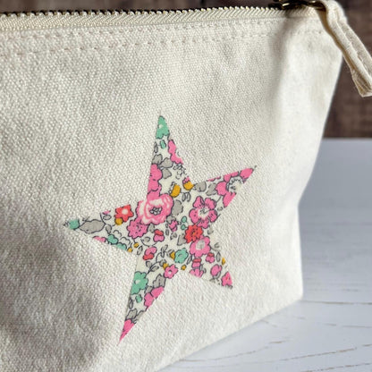 Liberty pink star make up bag, jewellery pouch, Betsy Ann fabric star cosmetics bag, appliqué accessories and pencil case