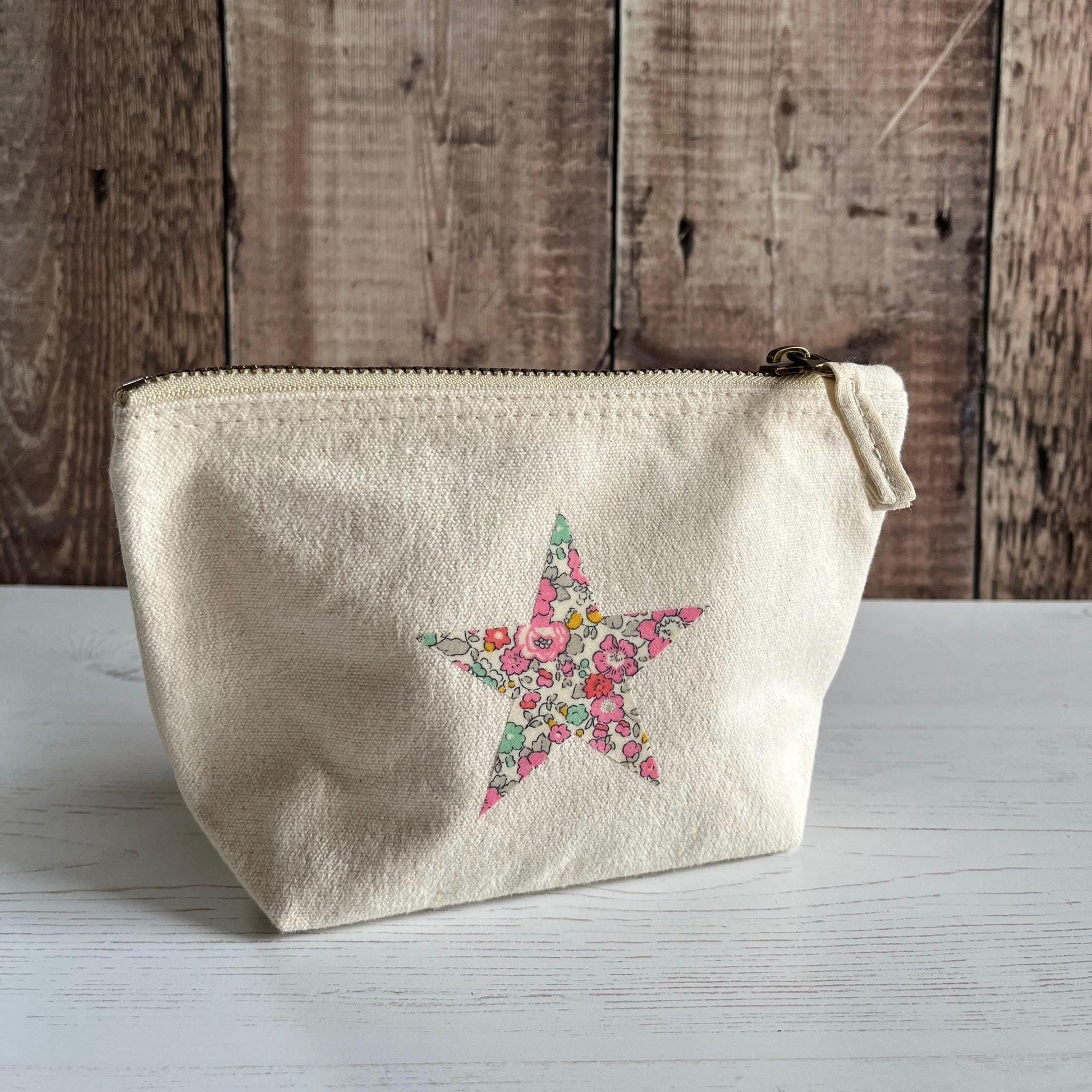 Liberty pink star make up bag, jewellery pouch, Betsy Ann fabric star cosmetics bag, appliqué accessories and pencil case