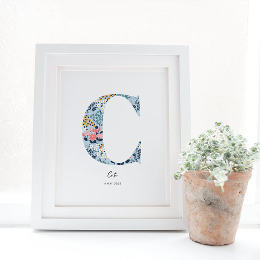 Personalised Name & Date Print, Floral Letter Print, Custom Newborn Gift, Nursery Letter Art, Christening Date Keepsake, Botanical Style