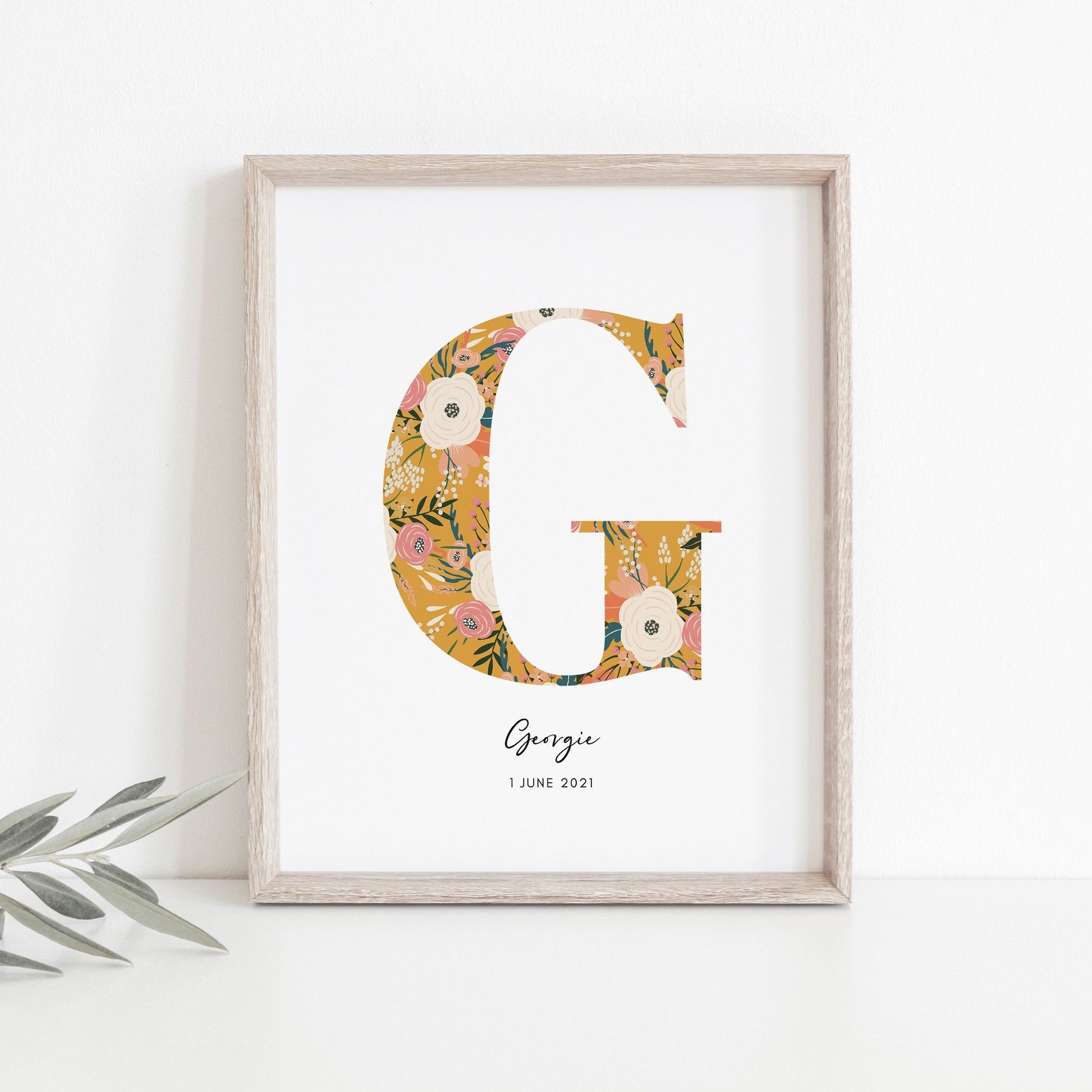 Personalised Name & Date Print, Floral Letter Print, Custom Newborn Gift, Nursery Letter Art, Christening Date Keepsake, Botanical Style