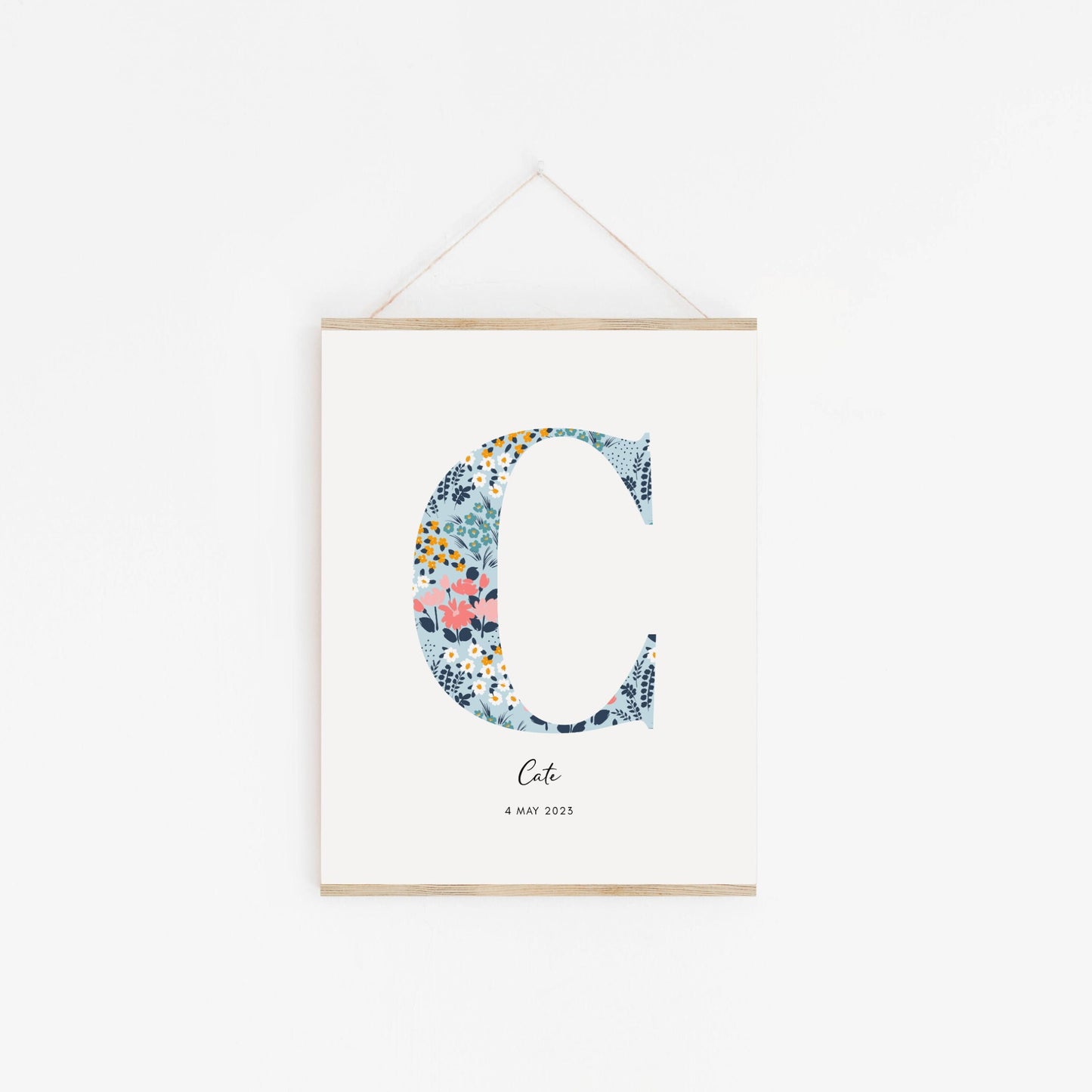 Personalised Name & Date Print, Floral Letter Print, Custom Newborn Gift, Nursery Letter Art, Christening Date Keepsake, Botanical Style