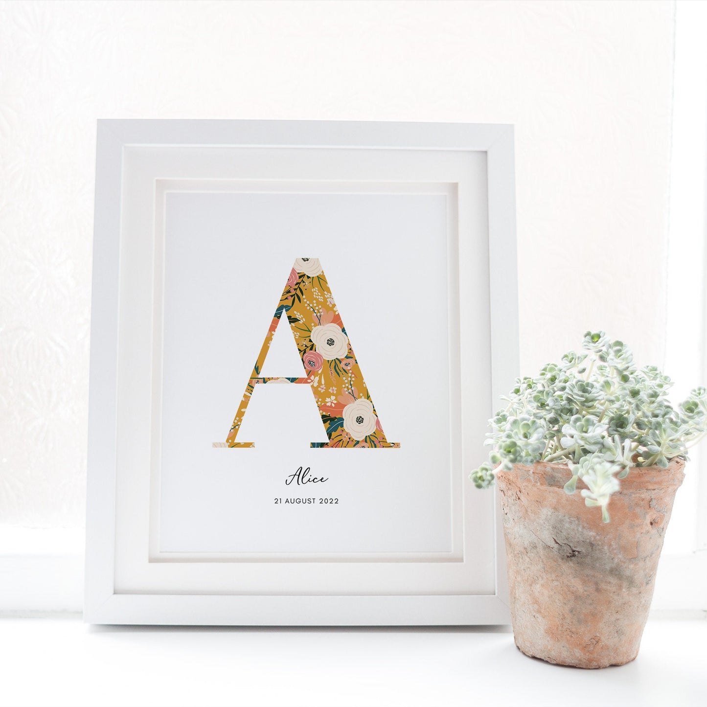 Personalised Name & Date Print, Floral Letter Print, Custom Newborn Gift, Nursery Letter Art, Christening Date Keepsake, Botanical Style