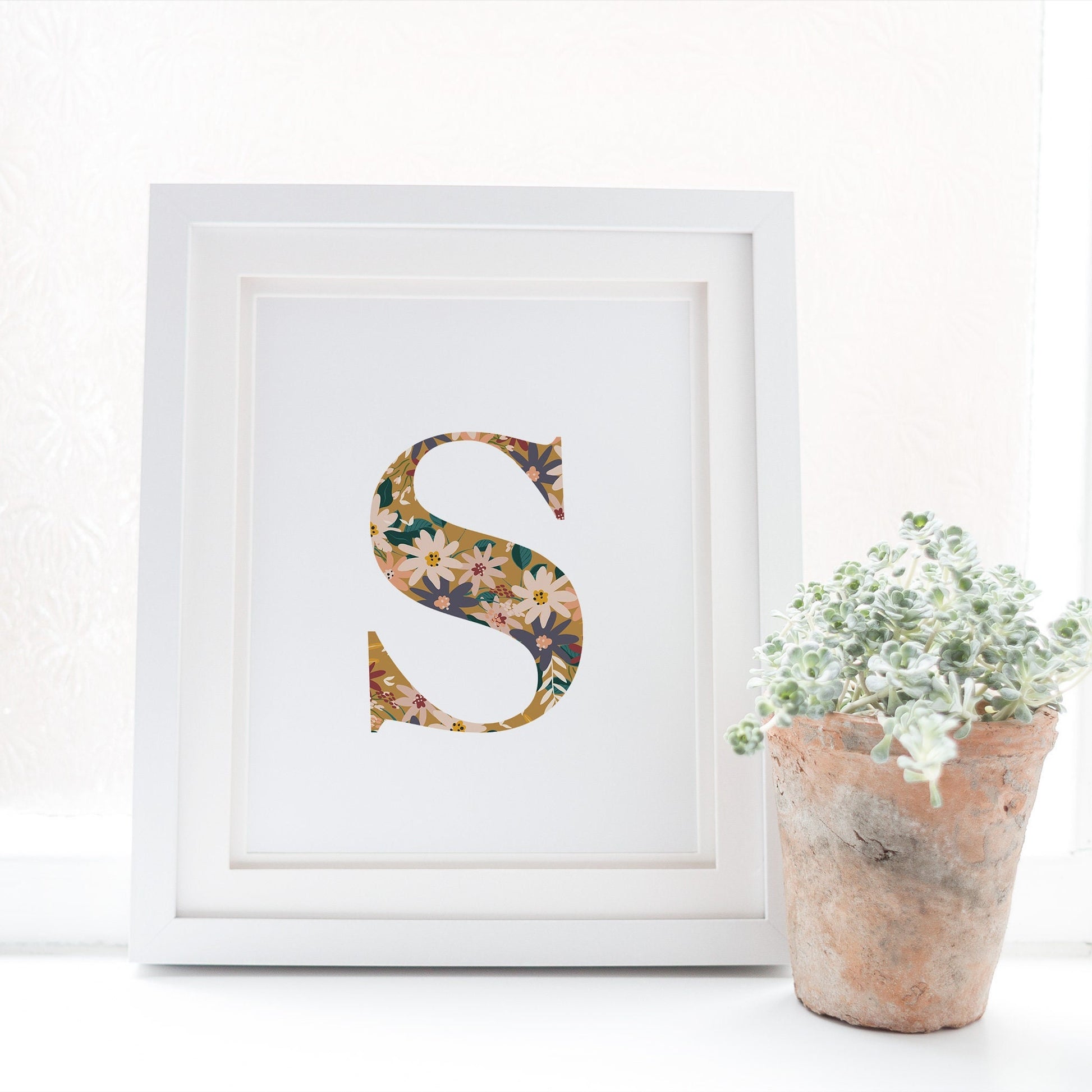 Personalised Letter Floral Print, Alphabet Nursery Art, Newborn Keepsake, Christening Gift, Custom Initial Picture, Kids Letter Art