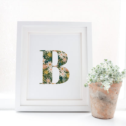 Personalised Letter Floral Print, Alphabet Nursery Art, Newborn Keepsake, Christening Gift, Custom Initial Picture, Kids Letter Art