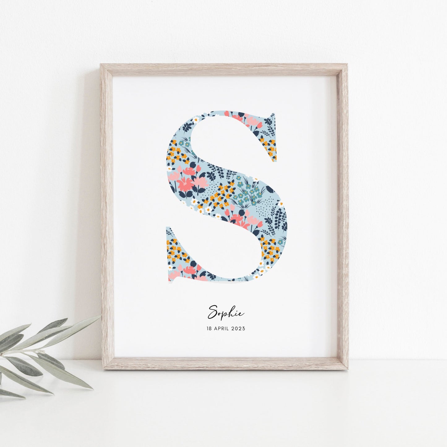 Personalised Name & Date Print, Floral Letter Print, Custom Newborn Gift, Nursery Letter Art, Christening Date Keepsake, Botanical Style