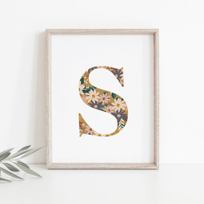Personalised Letter Floral Print, Alphabet Nursery Art, Newborn Keepsake, Christening Gift, Custom Initial Picture, Kids Letter Art