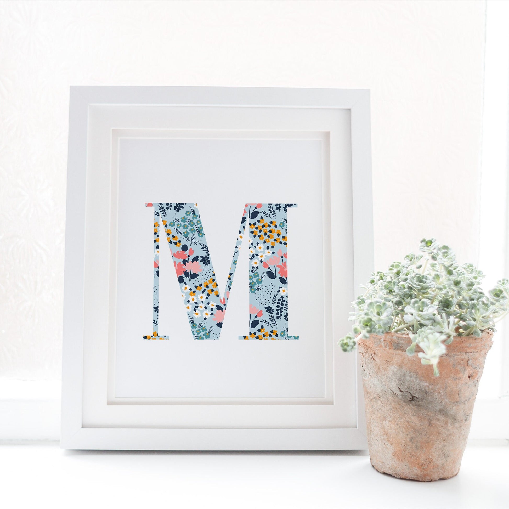 Personalised Letter Floral Print, Alphabet Nursery Art, Newborn Keepsake, Christening Gift, Custom Initial Picture, Kids Letter Art