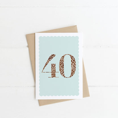 A 40th birthday card with animal print number 40 on a pastel blue background, with a kraft brown envelope